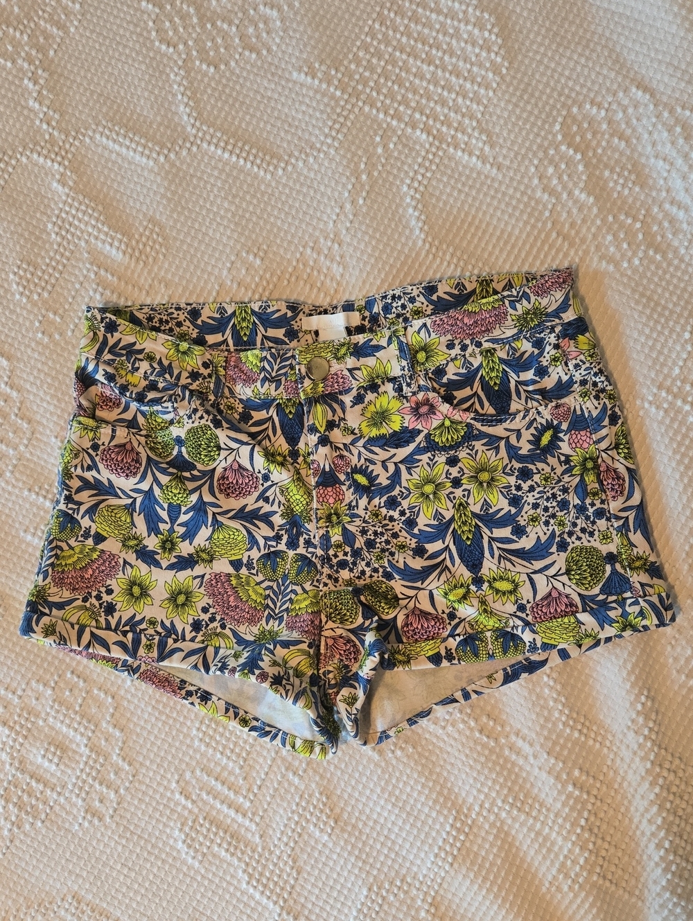 H&M Blue, Chartreuse & Pink Floral Denim Shorts